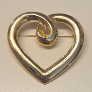 Vintage Gold Tone Heart Pin Brooch Two Tone Swirl Accent Women's Jewelry Gift